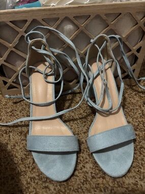 Womens Light Blue Lace-Up Suede Heels